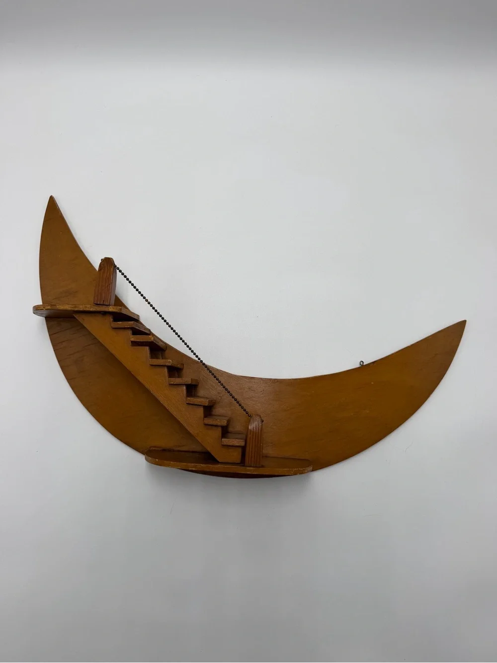 Large Vintage Wooden Handmade Crescent Moon Staircase Wall Shelf
